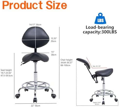 Saddle Stool Chair with Backrest and Footrest, Ergonomic Hydraulic Rolling Swivel Adjustable Stool for Salon Spa Massage Tattoo Dental Clinic Lash Esthetician Home Office, Heavy Duty 400LBS, Black