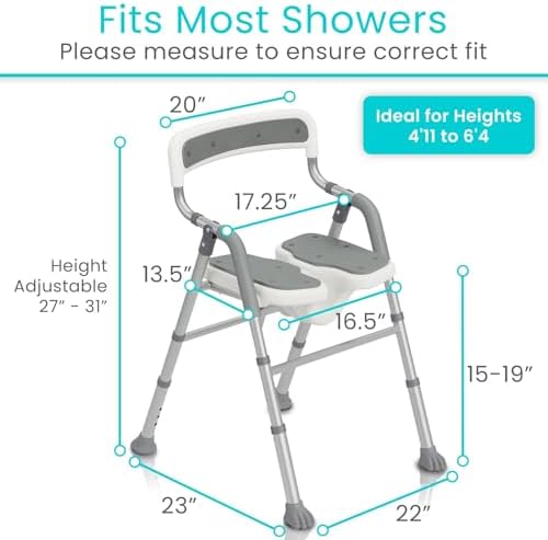 Vive Shower Chair for Elderly & Disabled - Handicap Bath Chair with Arms & U-Shape - Foldable, Adjustable Height - Padded Soaking w/Back & Drain Hole - Portable, Non-Slip, Safe Disability Aid