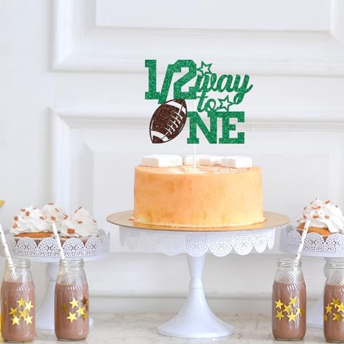 1/2 Way to One Cake Topper, 6 Months Birthday, American Football Theme 1/2 Birthday Party Decorations for Baby, Green & Brown Glitter