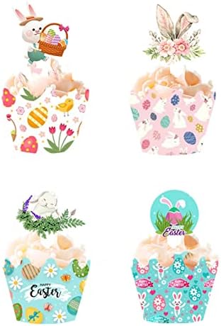 48 Pieces Easter Cupcake Toppers Bunny Cupcake Wrappers Kit for Easter Spring Party Decor Dessert Supplies