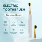 Bamboo Electric Toothbrush for Adults丨Rechargeable Electric Toothbrush with 3 Non Toxic Charcoal Infused Bamboo Brush Heads, 5 Cleaning Modes, 60 Days Battery Life, IPX7 Waterproof-White
