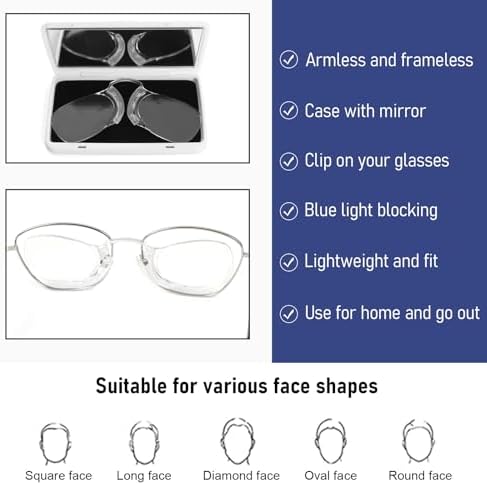 DXYXYO Armless Rimless Reading Glasses with Mirror Case, 2 Pack Clip On Thin Blue Light Blocking Readers for Men Women