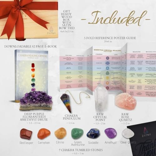 Crystals and Healing Stones Premium Kit Wooden Box - Chakra Stones Healing Crystals Set, Rose Quartz, Amethyst Cluster, Quartz Points, Chakra Pendulum (A Essential Chakra Collection)