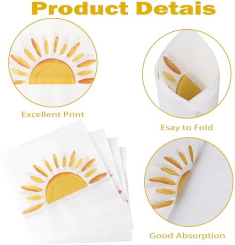 60Pcs Boho Sun Paper Napkins Sunshine Napkin Disposable First Trip Around The Sun Cocktail Dinner Napkins for Birthday Baby Shower Party Supplies Birthday Decorations (13" x 13")