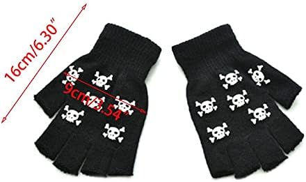 Unisex Adult Halloween Skeleton Skull Half Finger Gloves Glow in the Dark Fingerless Stretch Knitted Winter Mittens Black
