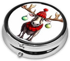 Funny Christmas Moose Print Round Pill Box, Printed Metal Case with 3 Compartments for Pills, Vitamins & Travel