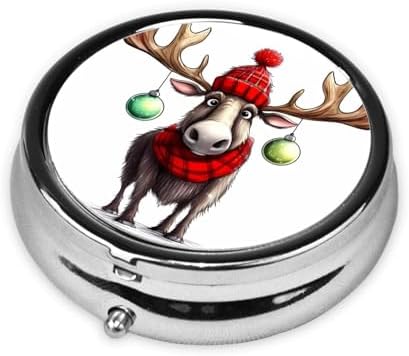 Funny Christmas Moose Print Round Pill Box, Printed Metal Case with 3 Compartments for Pills, Vitamins & Travel