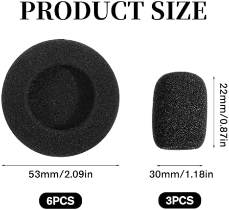 6 Packs Foam Ear Cushions Cover and 3 Pack Foam Mic Cover, 55MM Black Replacement Foams Ear Pud Earpads Sponge for Office Telephone Headsets, Two Way Radio Walkie Talkie