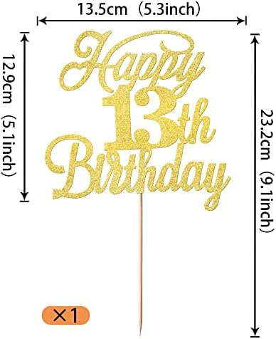 Rsstarxi 1 Pack Happy 13th Birthday Cake Topper Glitter 13 & Fabulous Cheers to 13 Years Old Birthday Cake Pick for Celebrating 13th Birthday Anniversary Party Cake Decorations Supplies Gold