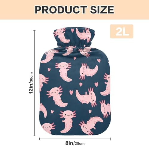 Hot Water Bottle with Cover Axolotl Heart Cartoon Navy Print Hot Water Bag for Pain Relief Heating Packs Large Hot Bag for Neck Shoulder Pain Cramps Hand Feet Warmer 2L