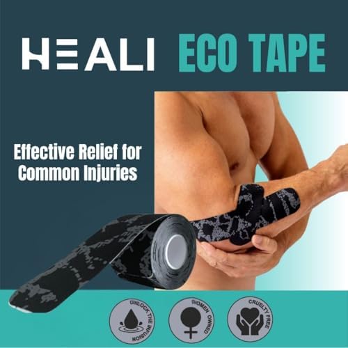 Heali Kinesiology Tape with Magnesium and Menthol, 20 Pcs Precut Strips, K Tape Roll, Knees, for Physical Therapy, Sports, Muscles and Joints, Water Resistant - Eco - Black Camo