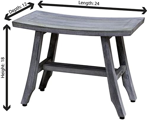 CoastalVogue Satori 24 Inch Gray Waterproof Teak Wood Shower Bench Stool Seat Chair for Inside Shower Provides Safety, Storage, and Organization for Bathroom Accessories