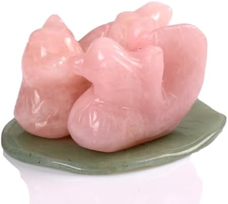 1.5inches Rose Quartz Mandarin Ducks Feng Shui Crystal Love Birds Green Aventurine Lotus Leaf Figurine for Lover and Romance