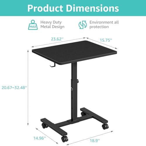 Small Portable Standing Rolling Desk - 24 Inch Mobile Sit Stand Desk Adjustable Height with Wheels for Small Spaces Home Office, Kids Couch Laptop Desks Side End Table, Black