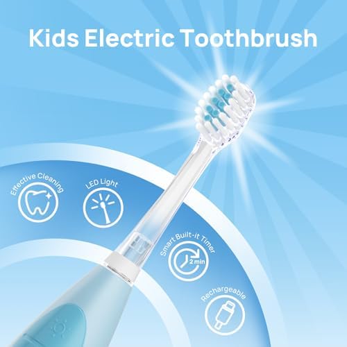 Papablic Kids Electric Toothbrush for Ages 4+ Children Girls and Boys, USB Rechargeable with Smart Brushing Timer, LED Light & 2 Replacement Brush Heads, Blue