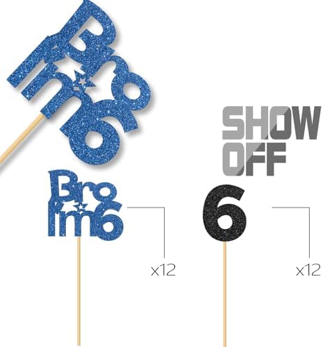 Bro I'm 6 Cupcake Toppers - Boy Six Years Old Bithday - Happy 6th Birthday Party Decoration Supplies Black Blue Glitter - 24 Pcs