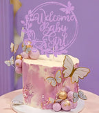 Welcome Baby Girl Cake Topper - Light Purple Glitter Baby Shower Cake Decorations, Baby Girl Cake Decor, for Baby Shower/Birthday Party/Gender Reveal Party Photo Booth Props
