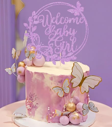 Welcome Baby Girl Cake Topper - Light Purple Glitter Baby Shower Cake Decorations, Baby Girl Cake Decor, for Baby Shower/Birthday Party/Gender Reveal Party Photo Booth Props