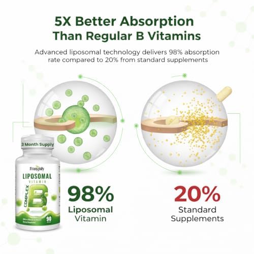 Liposomal B Complex for High Absorption Methylated B12,L-Methyfolate(5-MTHF ),Full Active B Vitamins with Choline Inositol-Energy, Metabolism,Brain & Heart Support，Vegan, Non-GMO,3 Month Supply