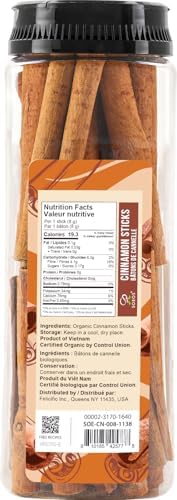 Soeos Cinnamon Sticks Organic, 8 oz (226g) Bottle, USDA, Non-GMO and Kosher Certified, Premium Whole Cinnamon for Baking, Cooking, Desserts, and Beverages, Rich Aroma & Warm Flavor, Ideal for Tea, Coffee, and Holiday Recipes
