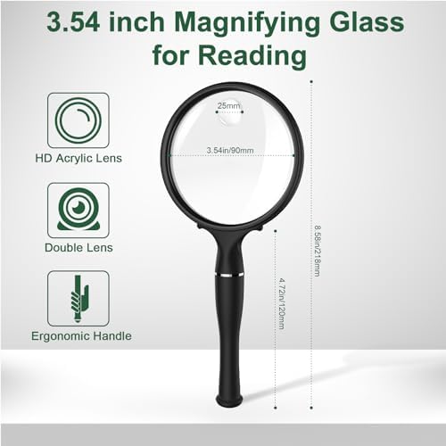 10X 30X Magnifying Glass, Handheld Reading Magnifier, 90MM Anti-Glare Acrylic Lens for Seniors Reading Newspaper, Books, Small Print, Nature Exploration, Hobby Observation
