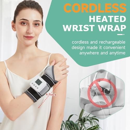 Rechargeable Heated Wrist Massager for Pain Relief - 3 Heat Levels & 3 Vibration Modes, Heat Therapy Wrap for Carpal Tunnel, Tendonitis, Sprains, Swelling, Auto Shut-Off Hand Warmer