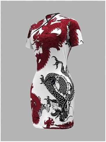 SOLY HUX Women's Cheongsam Dress Chinese Traditional Dragon Print Qipao Bodycon Mini Dress