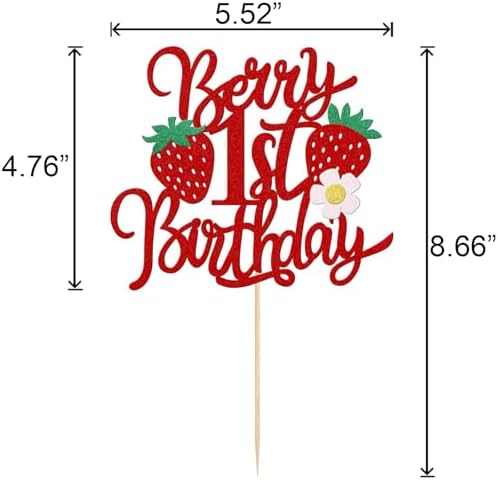 1 PCS Strawberry 1st Birthday Cake Topper, First Birthday Strawberry One Cake Pick, with Flower Glitter Sweet Fruit Theme for Baby Shower 1 Age Berry Theme Party Cakes Decorations Supplies