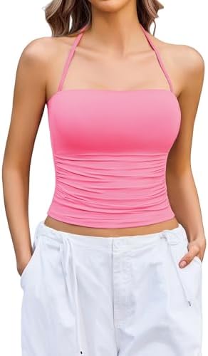 Avidlove Halter Tops for Women Going Out Double Lined Sexy Crop Tank Top Ruched Slim Fit Cami Y2K Outfits Womens Summer Tops