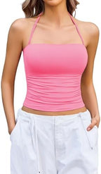 Avidlove Halter Tops for Women Going Out Double Lined Sexy Crop Tank Top Ruched Slim Fit Cami Y2K Outfits Womens Summer Tops
