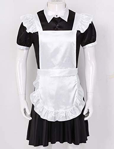 YiZYiF Adult Men's Frilly Satin French Maid Uniform Crossdressing Lingerie Outfit Set