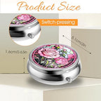 WLLHYF Pill Box Cute Small Pill Box for Purse & Pocket Medicine Organizer Travel Pillbox Waterproof Pill Case Metal Pill Container Holder for Vitamins, Fish Oil, Supplements (Silver Peony)