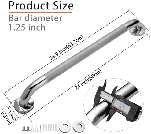Rockgoya Shower Grab Bar, 2 Pack 24 Inch Bathroom Grab Bar, 304 Stainless Steel 1.25" Diameter Anti-Slip Handicap Grab Bar Support Shower Rail Senior Handrail Shower Safety Bar Handle