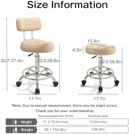 Saddle Stool with Back and Ring Pedal, Adjustable Hydraulic Rolling Chair with Wheels for Salon, Spa, Medical, Massage & Drafting Use Khaki