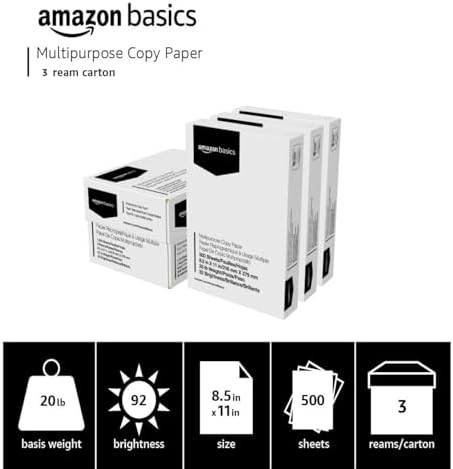Amazon Basics Multipurpose Copy Printer Paper, 20 lb, 8.5 x 11 Inches, 3 Reams (1,500 Sheets), 92 Bright White for Home Use