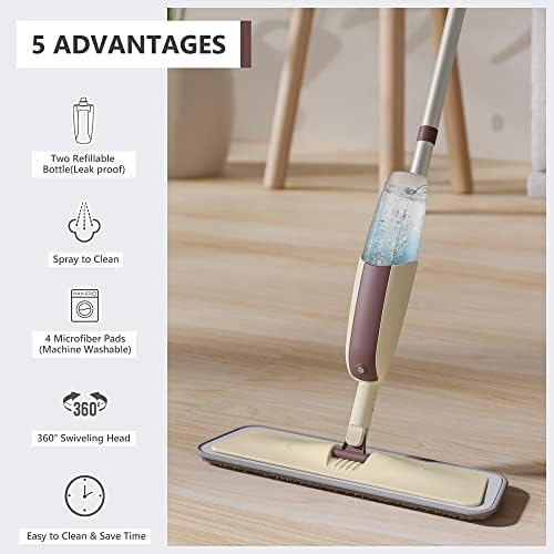 HOMTOYOU Spray Mop for Floor Cleaning: Wet Mop with 4 Washable Microfiber Pads and 2 Refillable Bottles for Hardwood Laminate Wood Vinyl Ceramic Tiles Home Kitchen
