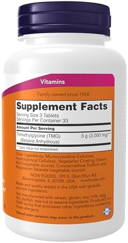 NOW Foods Supplements, TMG Betaine (Trimethylglycine) 1,000 mg, Liver Support*, 100 Tablets
