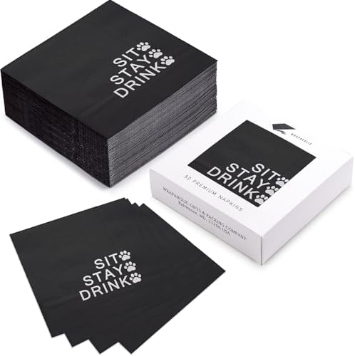 WRAPAHOLIC 50Pcs Dog Paw Napkins - 3-Ply Disposable Paper Cocktail Napkin for Puppy Party Supplies Tableware, Black with White Letter & Dog Paw - 5 x 5 In