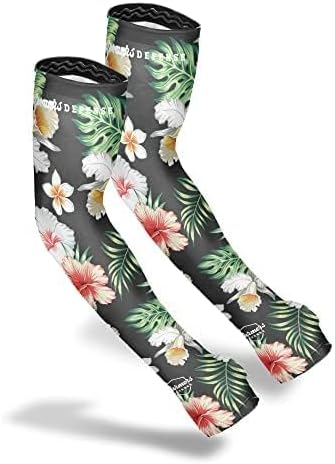 FARMER'S DEFENSE Gardening Arm Sleeves|UV Cooling Protective Sleeve Women & Men|Anti-Scratch Cover Sun UPF Outdoor Protection - Tropical Flowers - S/M