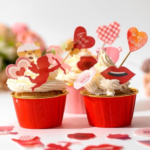 68PCS Edible Cake Cupcake Toppers Happy Valentine's Day Cake Toppers Edible Wafer Paper Cake Decorations for Wedding Engagement Theme Party Suppliers
