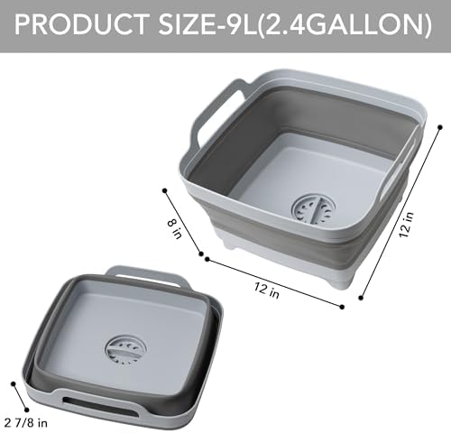 Tiawudi Dishpan for Washing Dishes, 2.4Gal/9L Wash Basin with Draining Plug Carry Handles, Collapsible Bucket for Cleaning, Portable Sink, Foldable Plastic Tub, 1PC