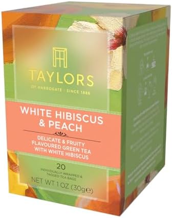 Taylors of Harrogate White Hibiscus & Peach, Green Tea Individually Wrapped Bags, 20 Count (Pack of 1), Delicate, Fruity and Sweet, Caffeinated, Enjoy Hot or Iced, 20 Teabags