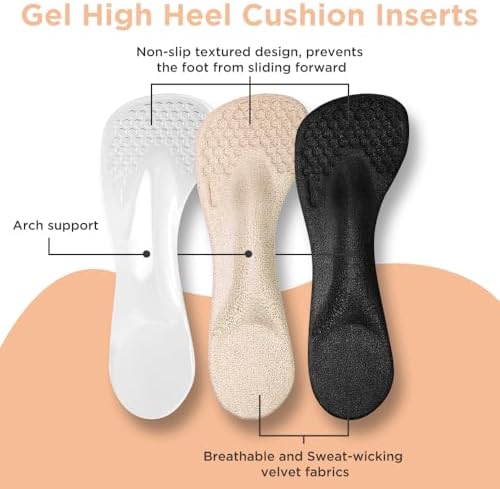 3/4 High Heel Cushion Insoles, Self-Adhesive Arch Support Inserts for Flat Feet and Arch Pain Relief, Gel Shoe Inserts for Sandal, Flats and High Heels (2 Pairs, Beige+Black, Women's 5-8.5)