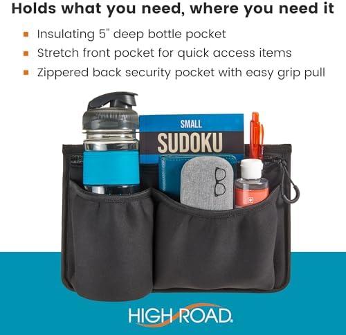 High Road Wheelchair Side Bag with Cup Holder Pocket - Stretch Neoprene Walker and Wheelchair Pouch with Insulating Wheelchair Bottle Holder and 2 Storage Pockets