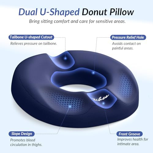 ZIKEE Dual U-Shaped Donut Pillow for Tailbone Pain, Hemorrhoid Pillow for Sitting with Pressure Relief Hole & Slope Design, Donut Seat Cushion for Coccyx, Postpartum & Post Surgery Sitting Relief