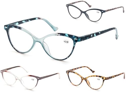 Reading Glasses for Women Cat Eye Ladies Readers +0.50 Cute Cateye Women's Cheaters Glasses 4 Pack Lightweight Comfortable Fit