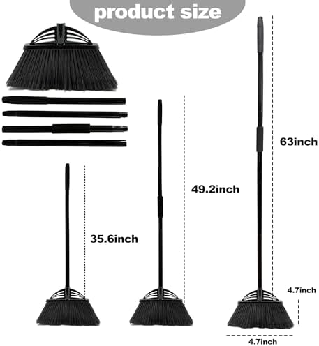 Four-Section Rod Long-Handled Broom,Heavy-Duty Broom, Angle Broom for Outdoor/Indoor（Black）