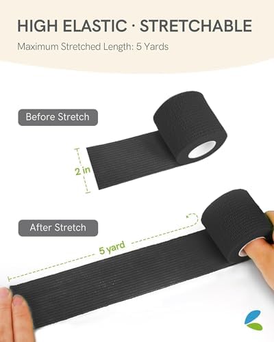 FriCARE Self Adhesive Bandage Wrap, Medical Tape in First Aid Kit, Cohesive Bandages for Wounds Sport Vet, 2 Inches X 5 Yards 6 Rolls, Black