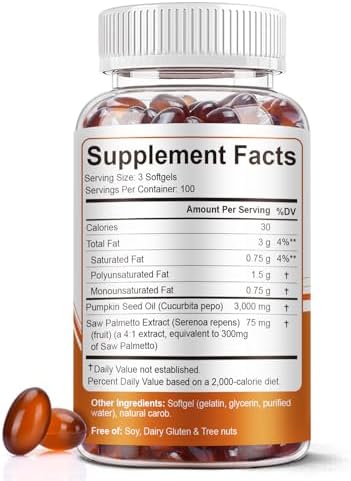 Pumpkin Seed Oil with Saw Palmetto Capsules, 3000mg/serving, 300 Softgels | Cold Pressed, Pure Virgin Oil, Essential Fatty Acids & Phytosterols | Supports Hair, Urinary, Bladder & Prostate Health