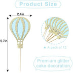 12PCS Hot Air Balloon Cupcake Topper - Glitter Cupcake Toppers, Baby Shower Decorations, Birthday Party Supplies, Retirement/Travel/Graduation Theme Party Decor (Hot Air Balloon Toppers Blue)